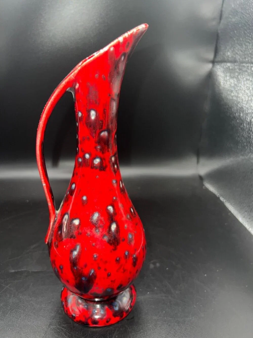 Vintage Red Black Ceramic Drip Glaze Pitcher Vase 8.5”Tall Retro Mid century ewe